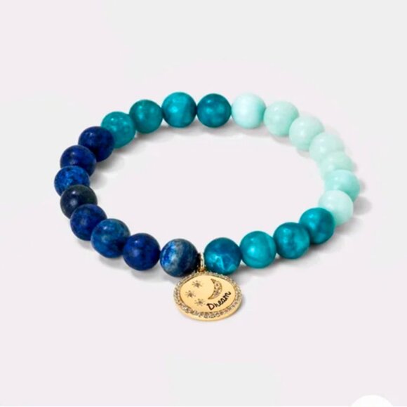 Blue Stretch Bracelet with Gemstones and 14K Gold Dipped Cubic Zirconia Charm - Picture 4 of 6